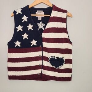 VTG Christopher & Banks American Flag Hand Knit Vest USA Patriotic All American